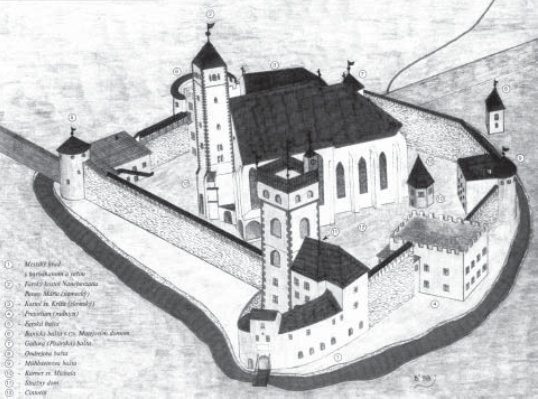 Pravdepodobný vzhľad hradného areálu okolo roku 1590